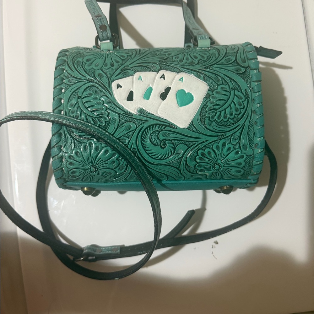 Teal Tooled Leather Crossbody Bag with Playing Card Accent